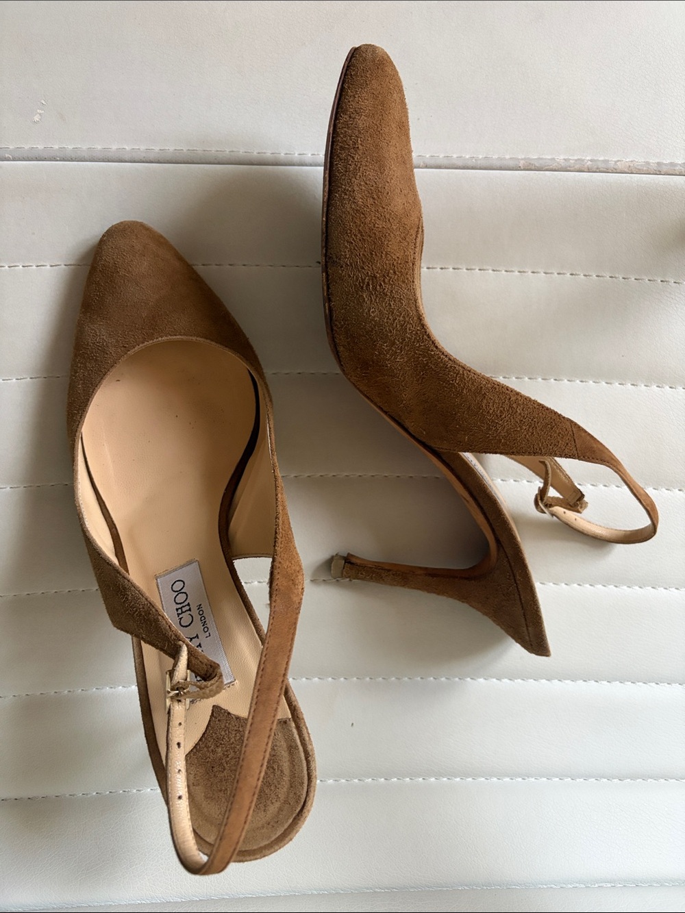 Jimmy Choo Tan Suede Pointed-Toe Slingback Heels